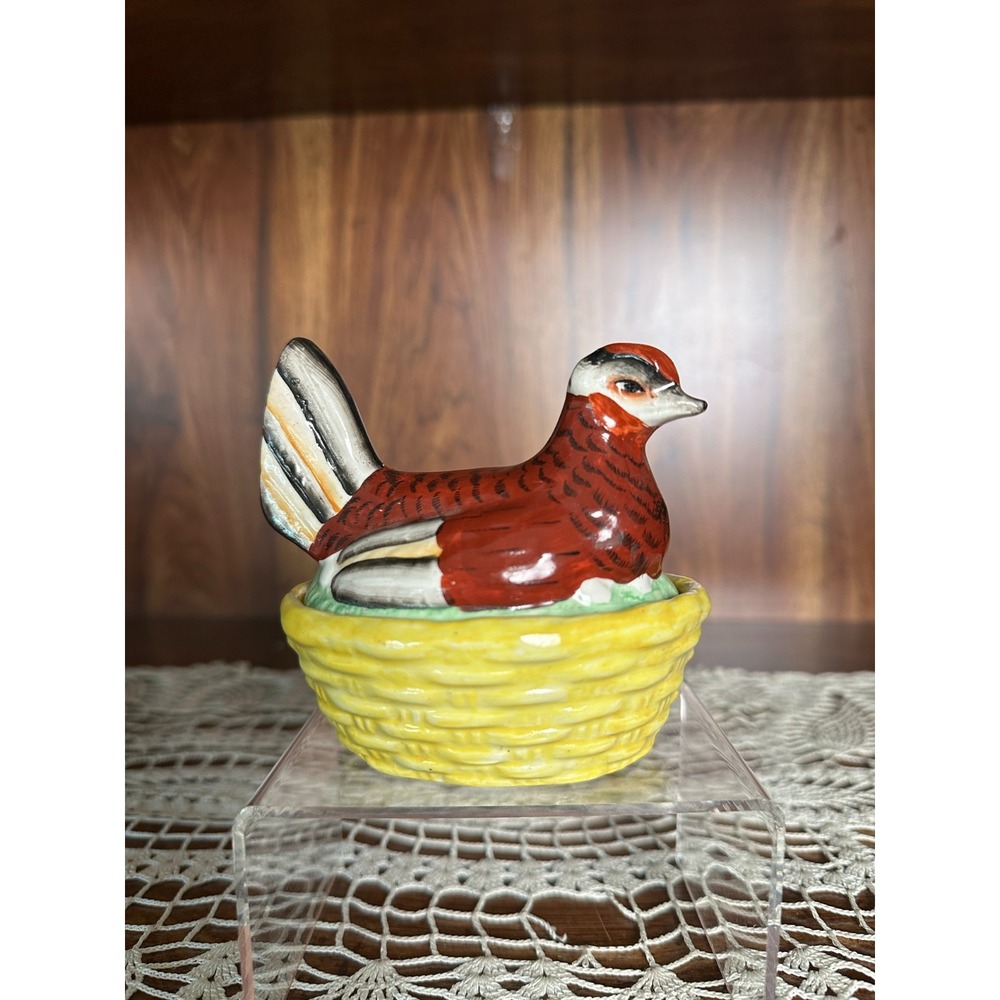 Antique Staffordshire Porcelain Miniature Hen on Nest Dish | Hand Painted Bird